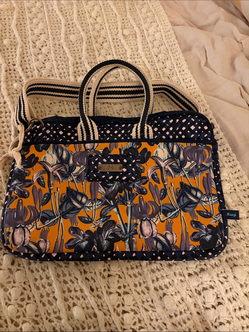 Maaji Orange Floral Laptop Tote with Navy Accents